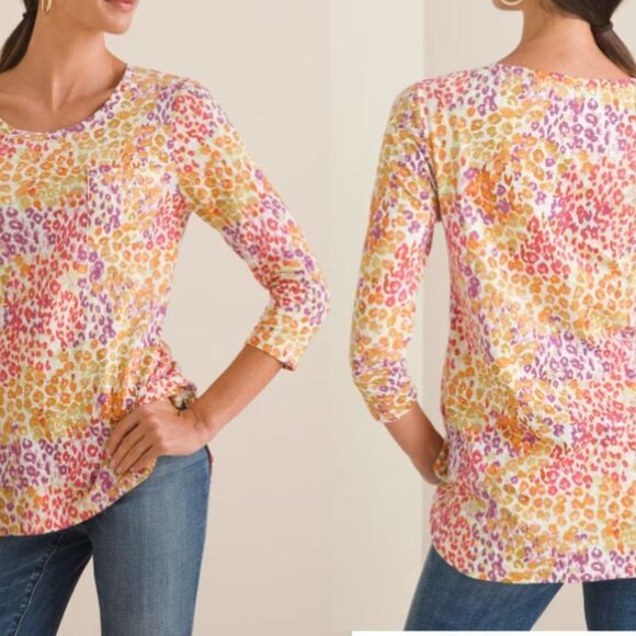 Chico Women's Classic Animal Print Cotton Modal Slub Pocket Tee, Size Large - Picture 2 of 9